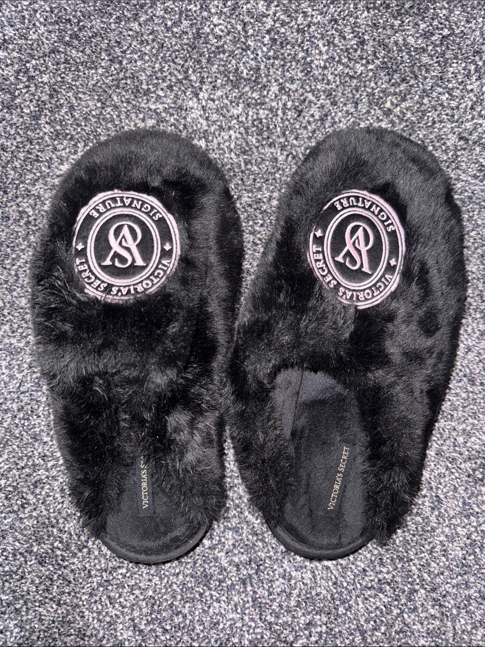 Victoria's Secret Black Faux Fur Signature Slip-On Slippers